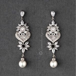 Vintage Pearl CZ Wedding Bridal Earrings